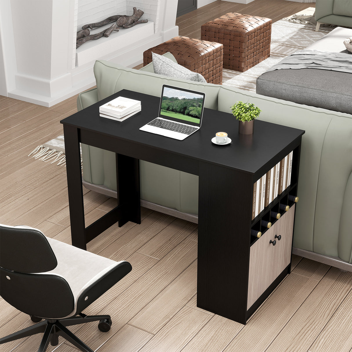 48 Inch Bar Table with Storage Cabinet and Wine Rack-Black