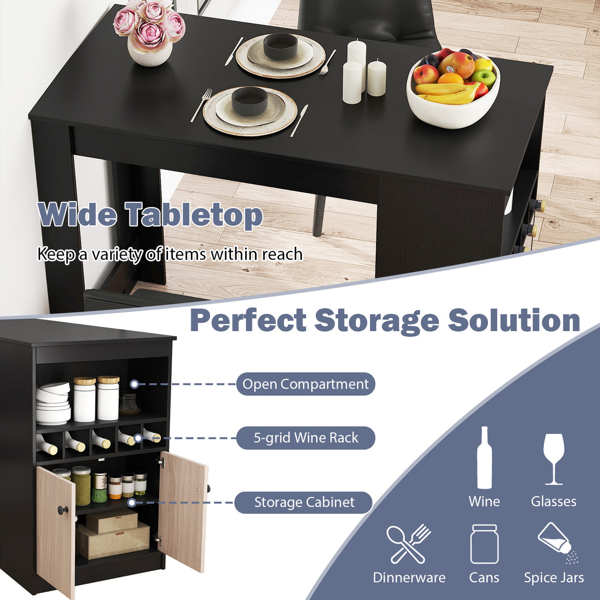 48 Inch Bar Table with Storage Cabinet and Wine Rack-Black