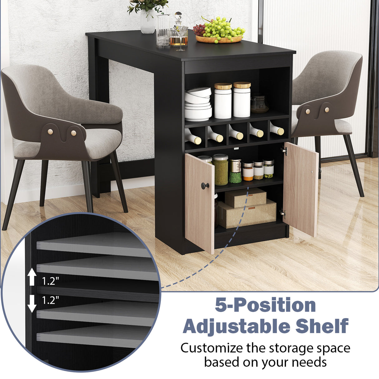48 Inch Bar Table with Storage Cabinet and Wine Rack-Black