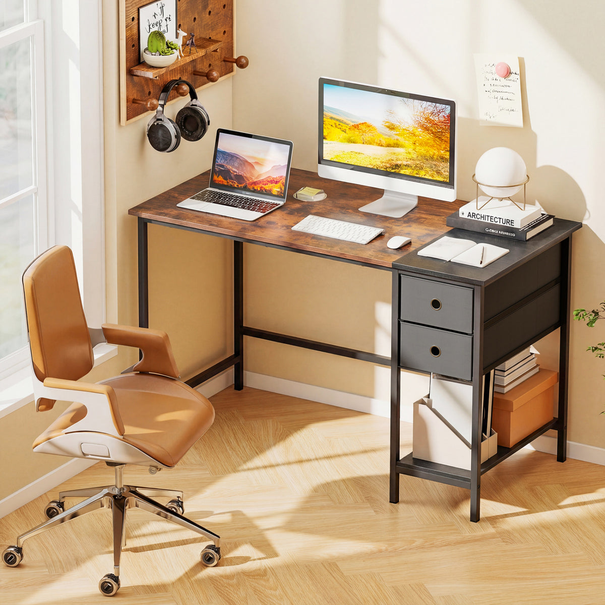 Computer Desk with 2 Fabric Drawers Industrial Home Office Desk