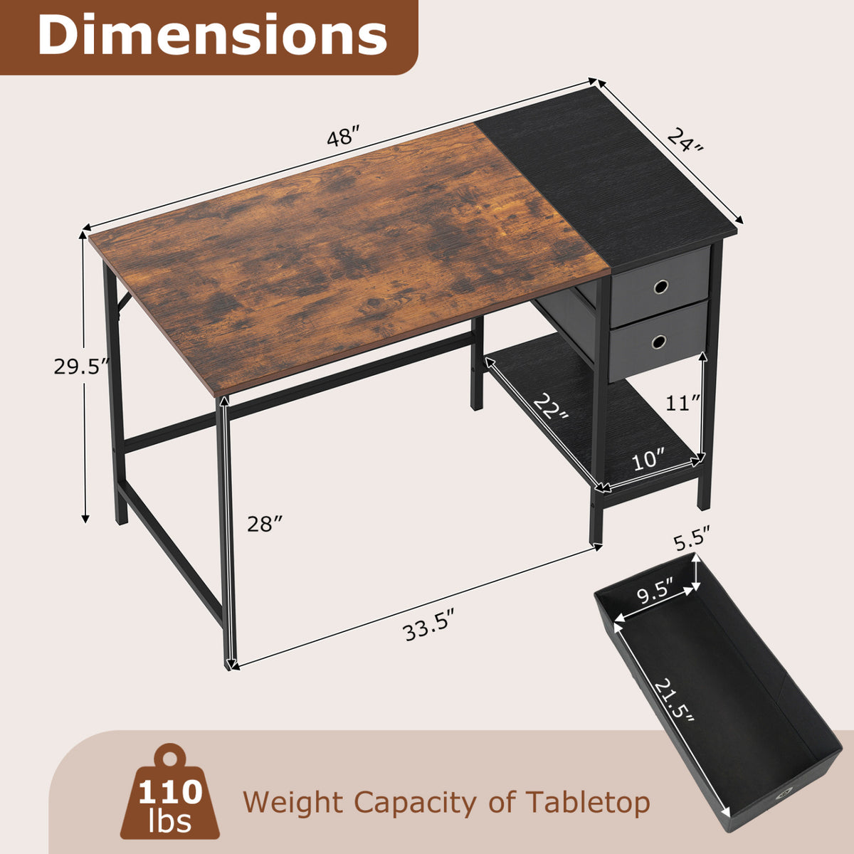 Computer Desk with 2 Fabric Drawers Industrial Home Office Desk