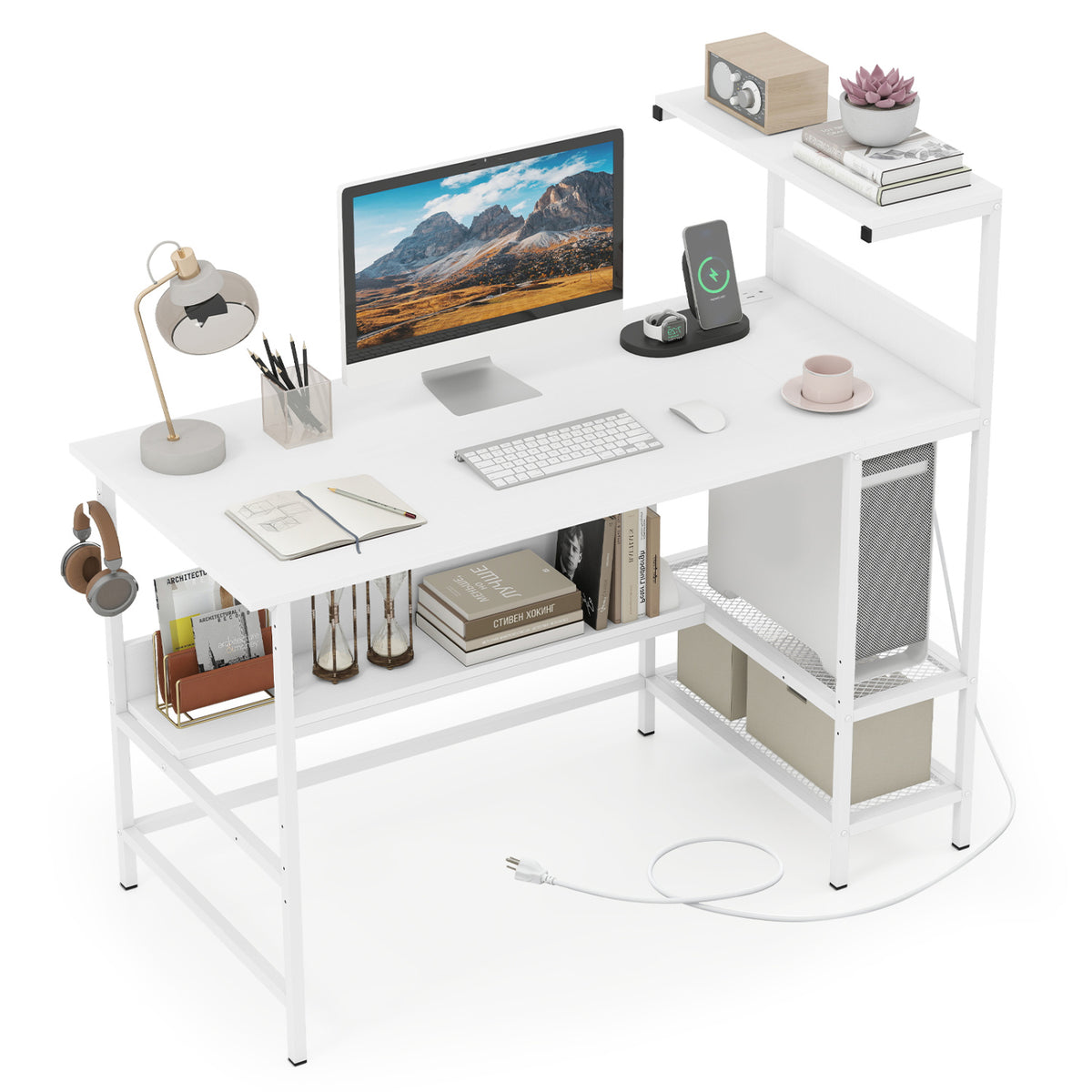 Computer Desk with Power Outlets and Storage Shelves