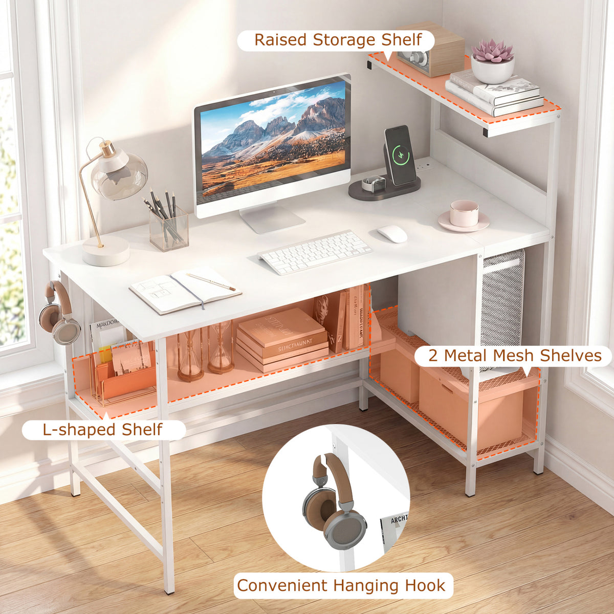Computer Desk with Power Outlets and Storage Shelves