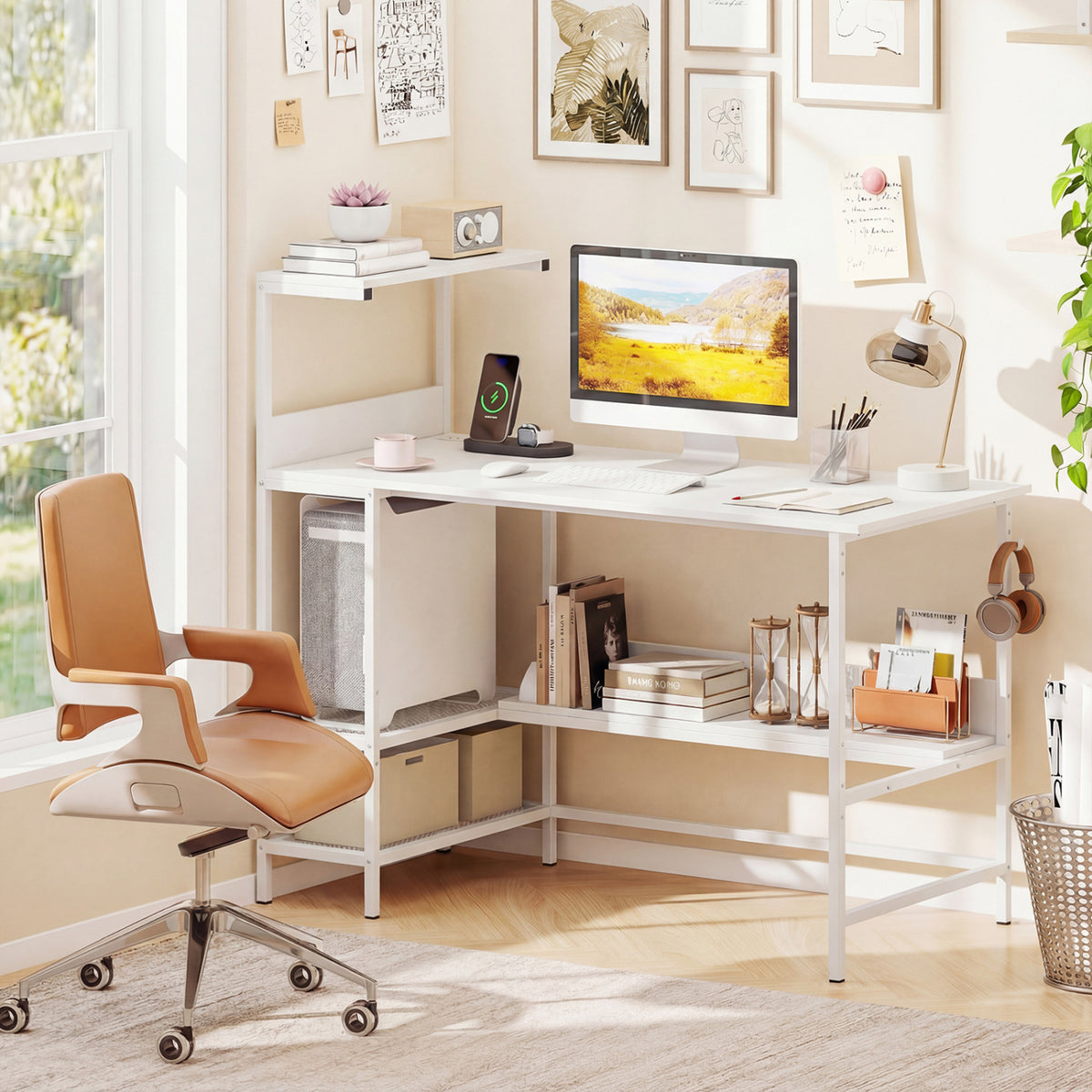 Computer Desk with Power Outlets and Storage Shelves