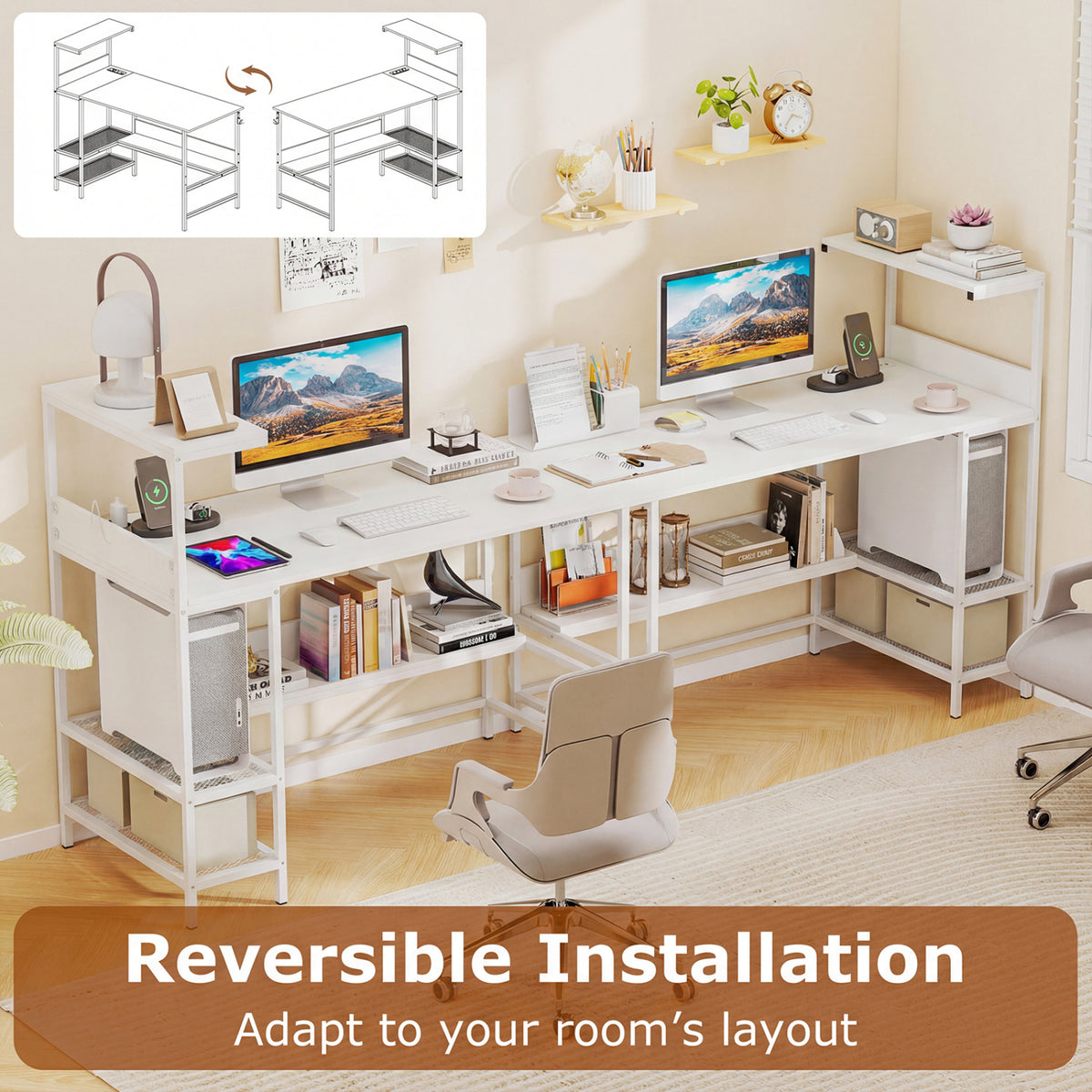 Computer Desk with Power Outlets and Storage Shelves