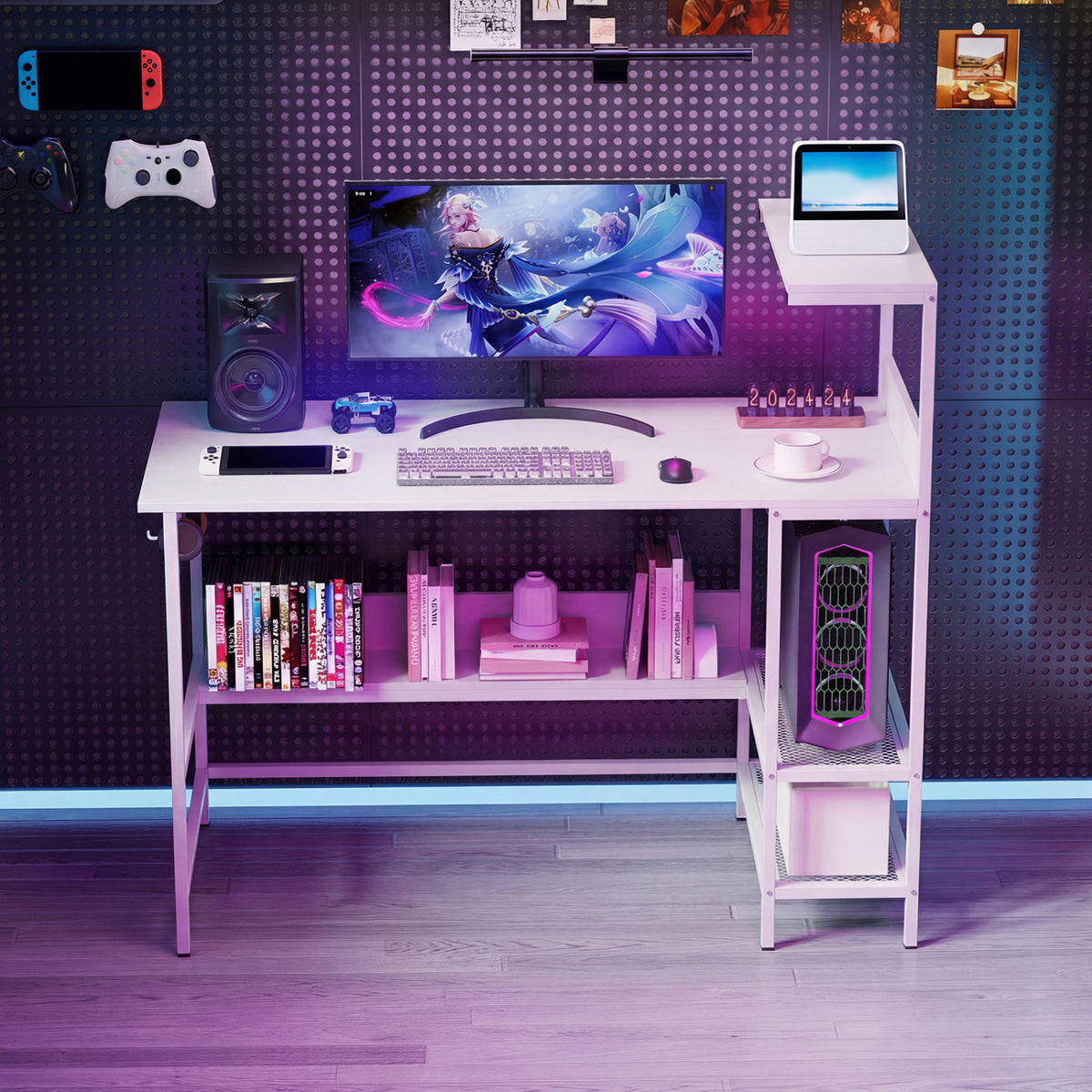 Computer Desk with Power Outlets and Storage Shelves