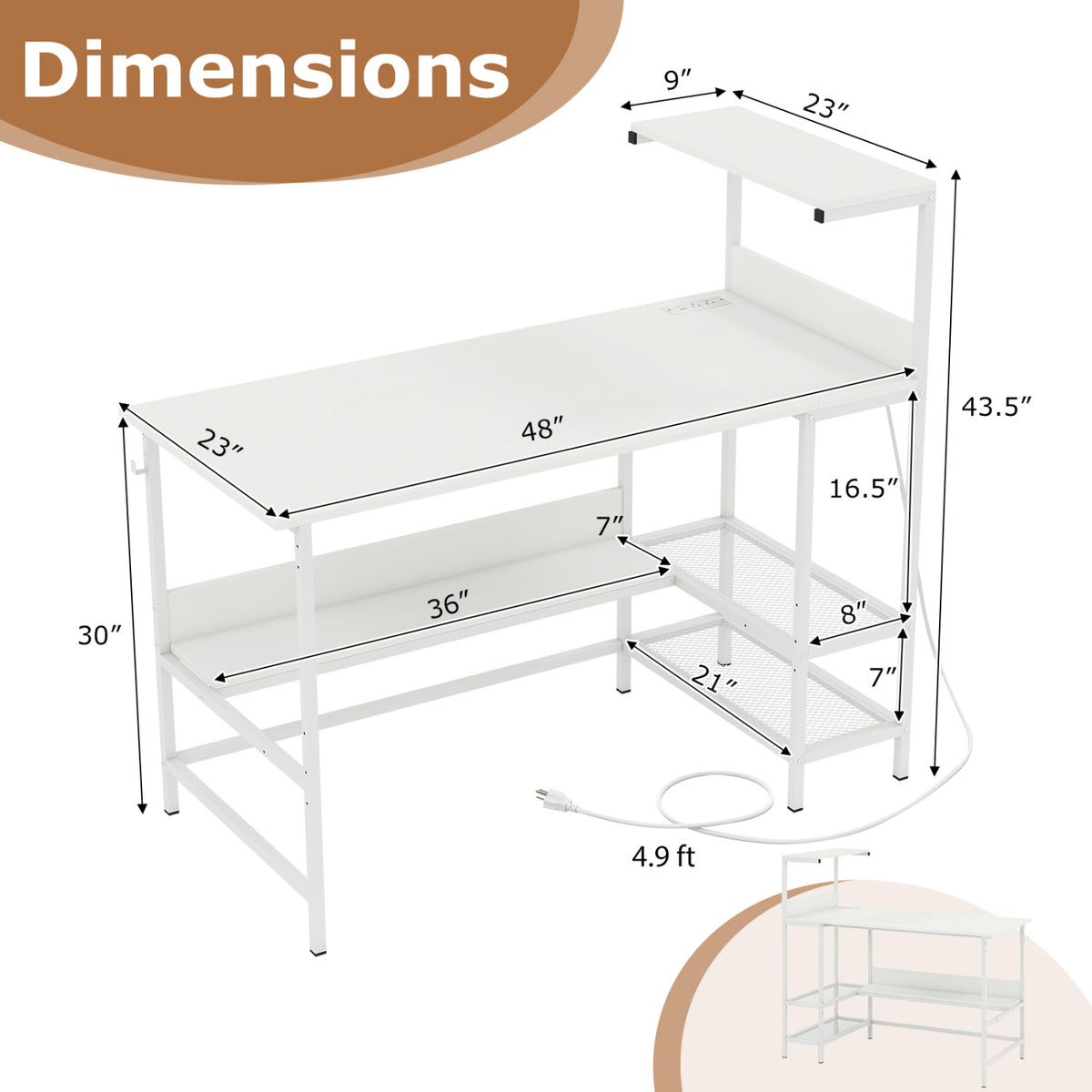 Computer Desk with Power Outlets and Storage Shelves