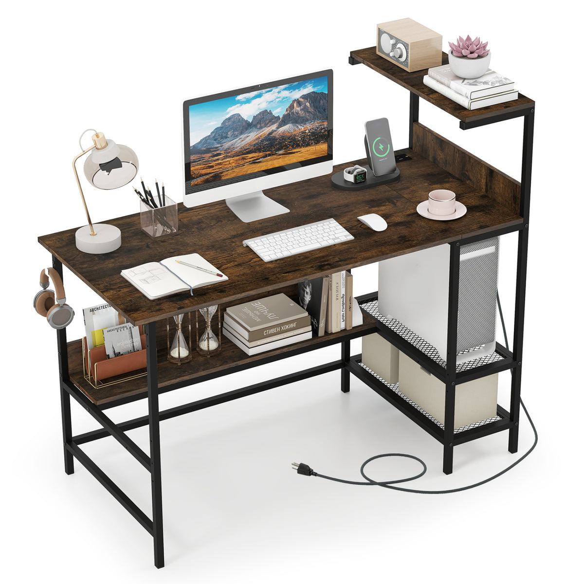 Computer Desk with Power Outlets and Storage Shelves