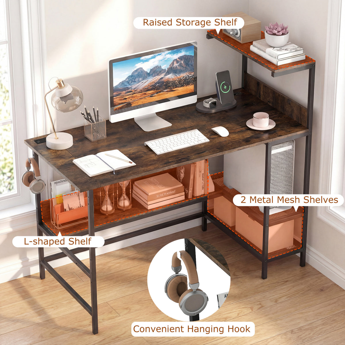 Computer Desk with Power Outlets and Storage Shelves
