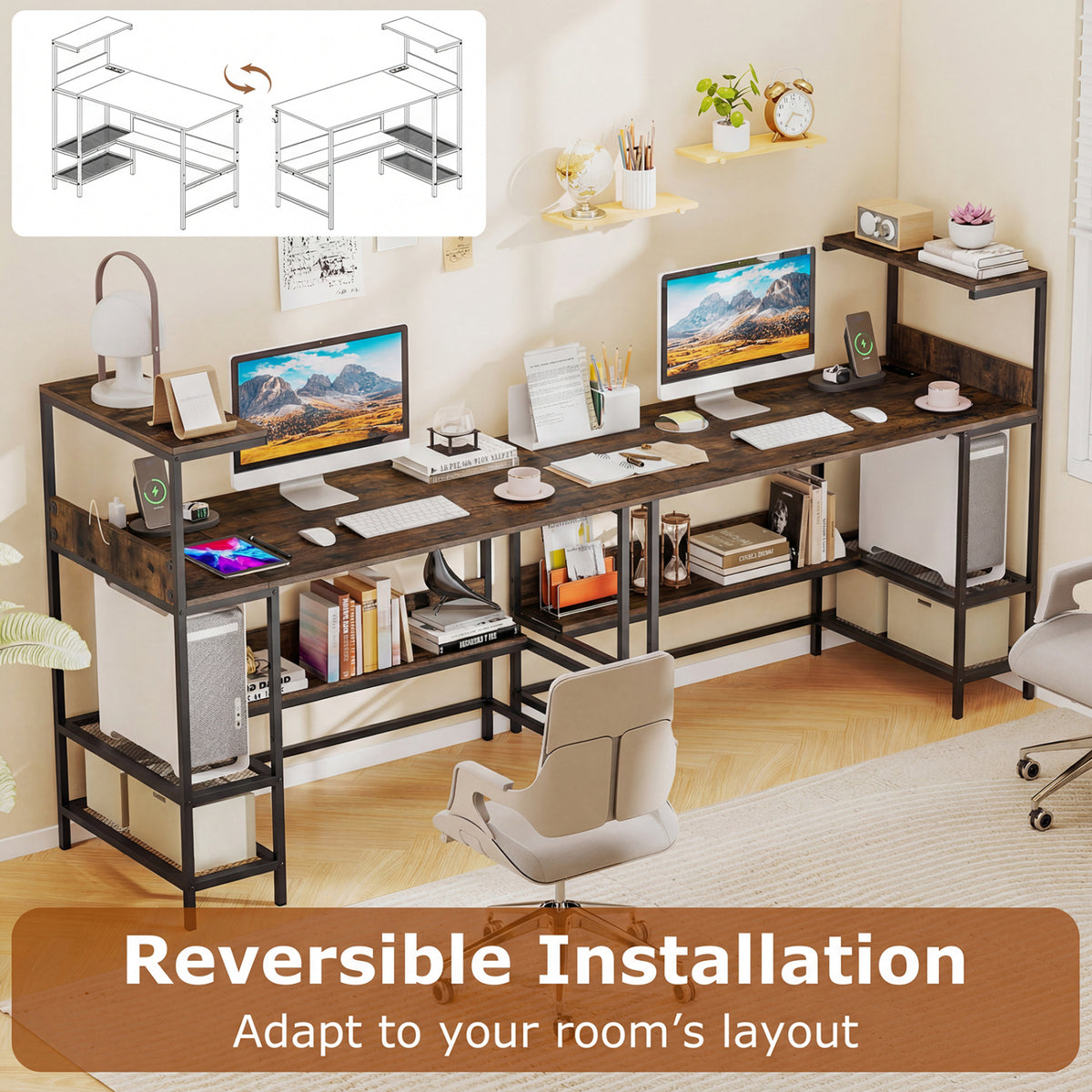 Computer Desk with Power Outlets and Storage Shelves
