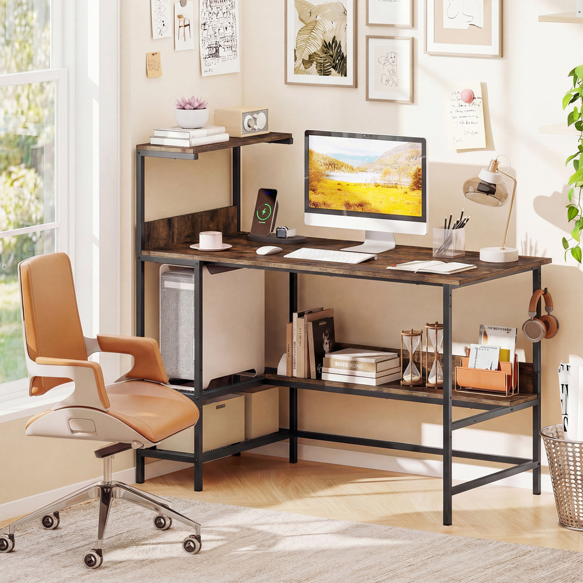Computer Desk with Power Outlets and Storage Shelves
