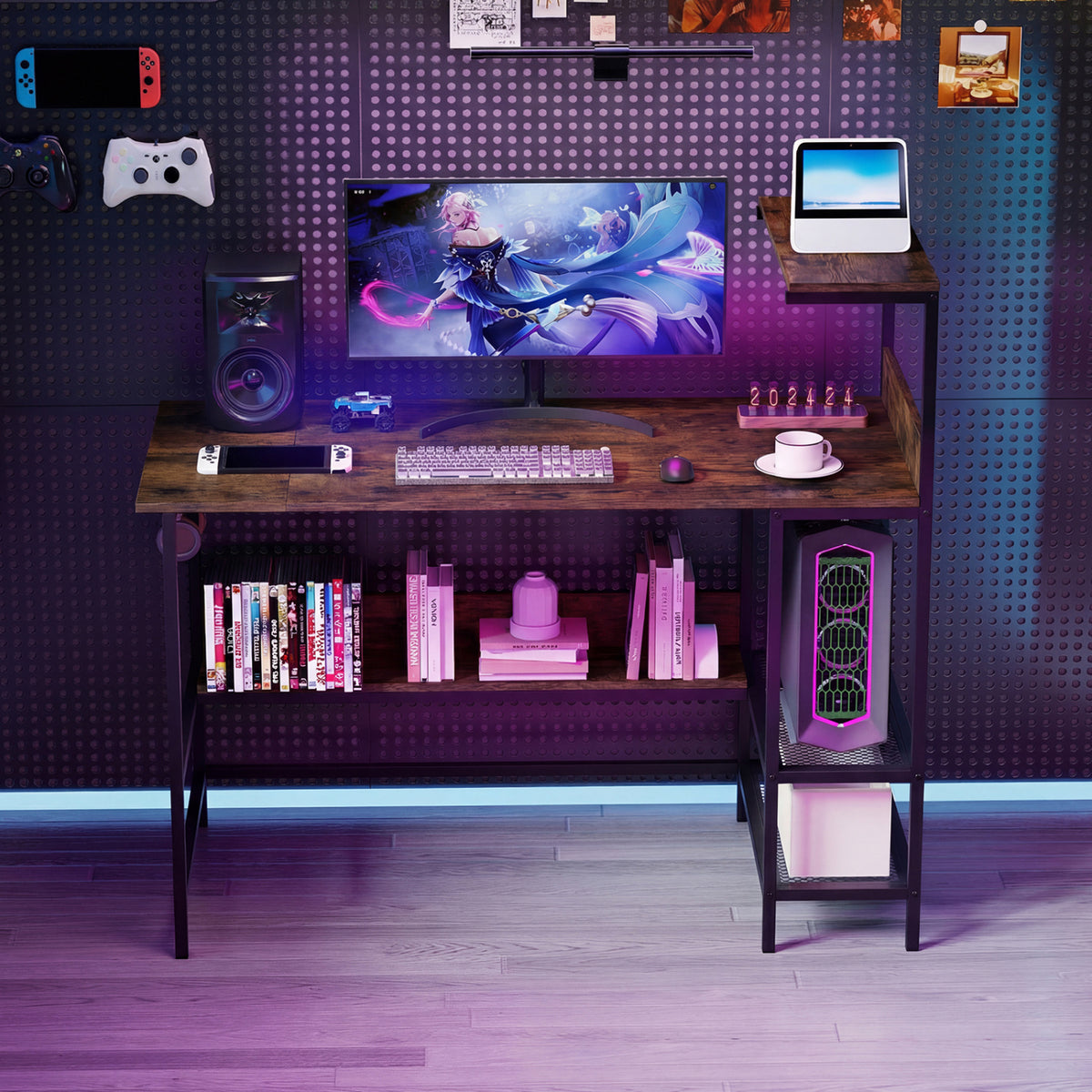 Computer Desk with Power Outlets and Storage Shelves
