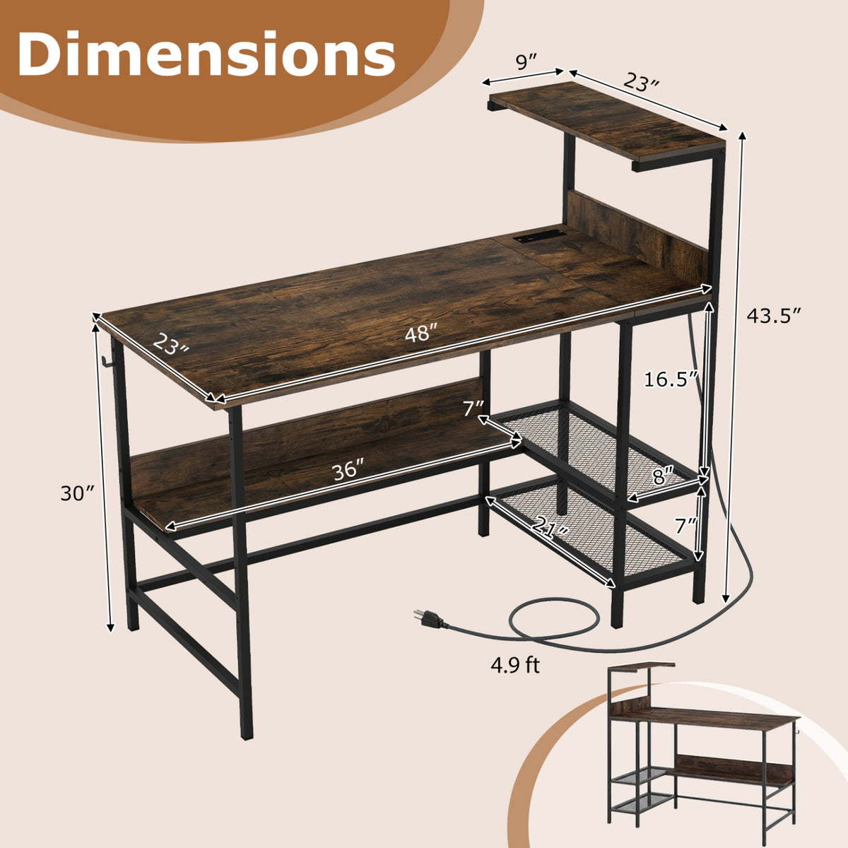 Computer Desk with Power Outlets and Storage Shelves