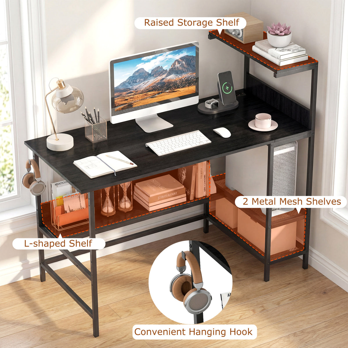 Computer Desk with Power Outlets and Storage Shelves