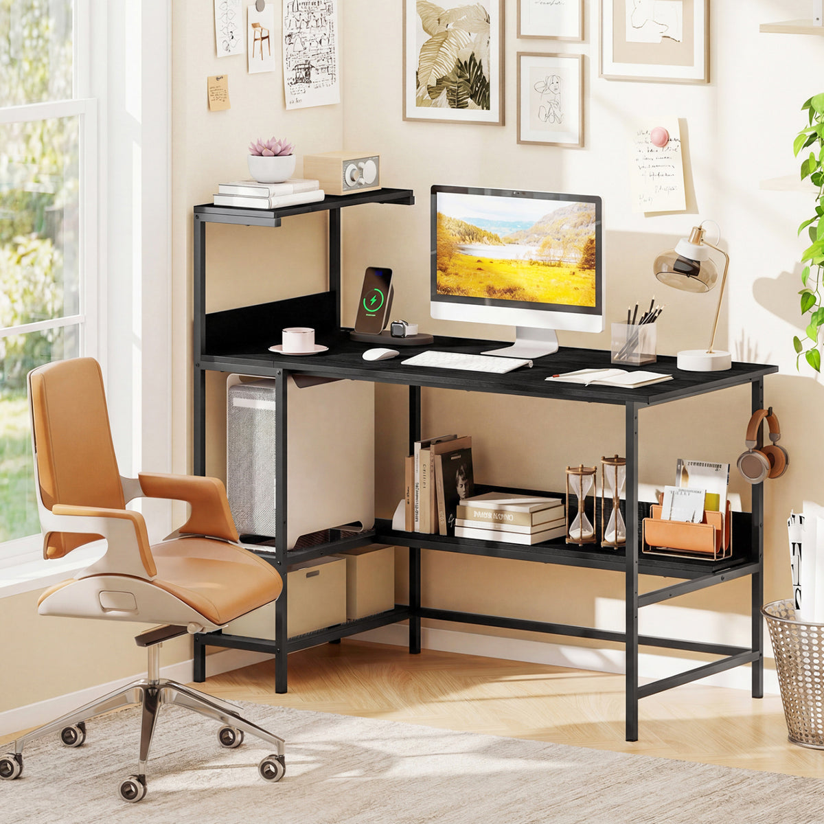 Computer Desk with Power Outlets and Storage Shelves