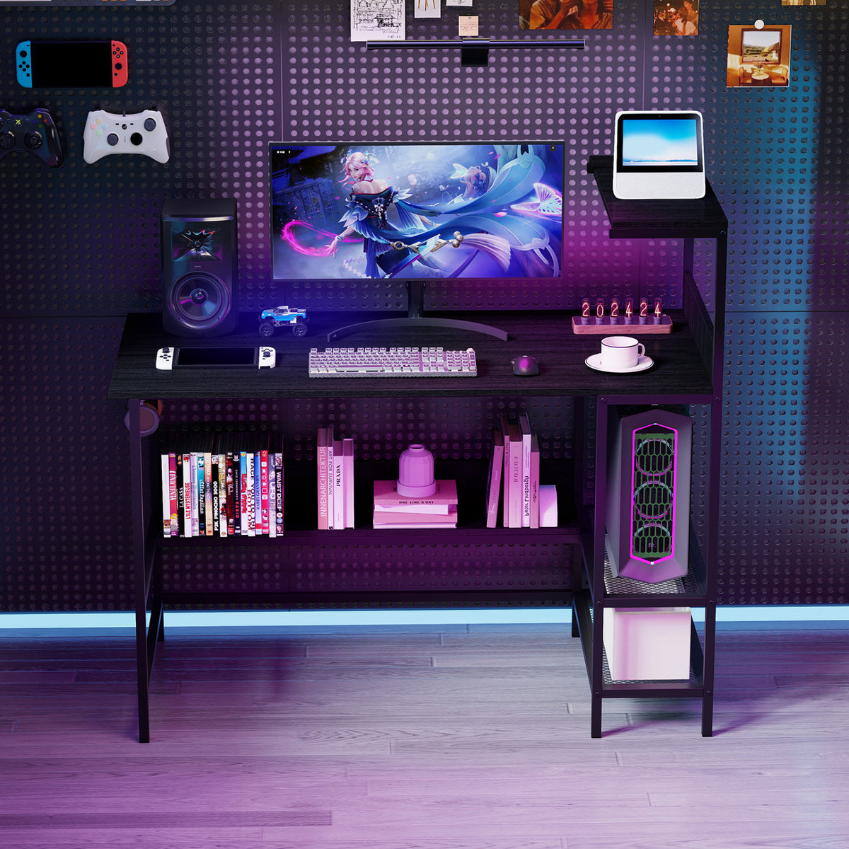 Computer Desk with Power Outlets and Storage Shelves