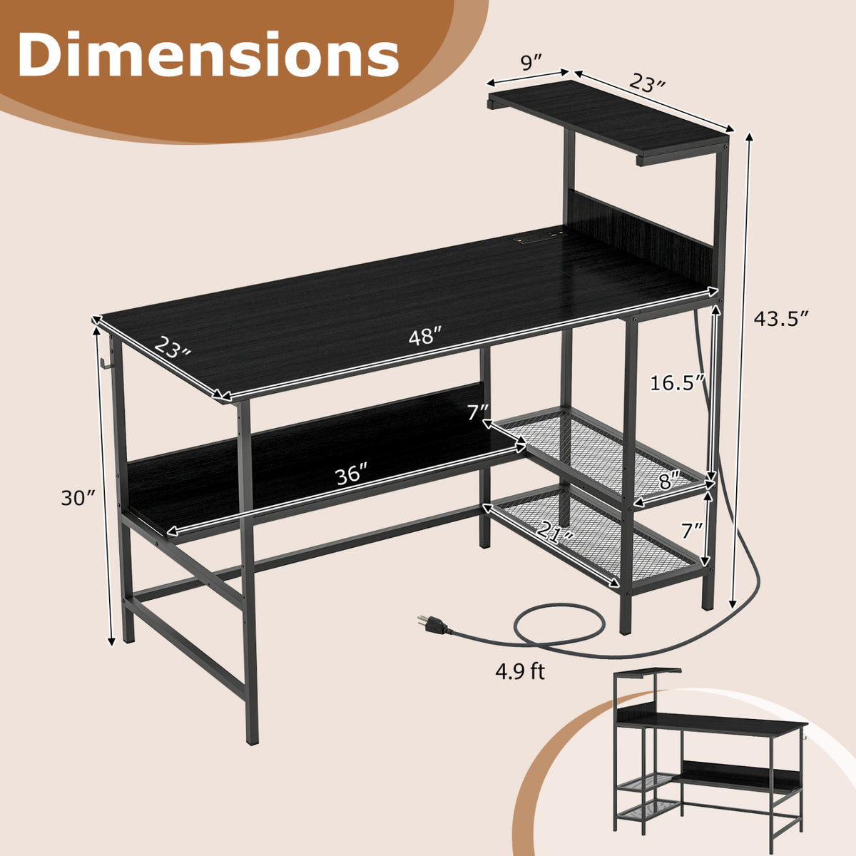 Computer Desk with Power Outlets and Storage Shelves