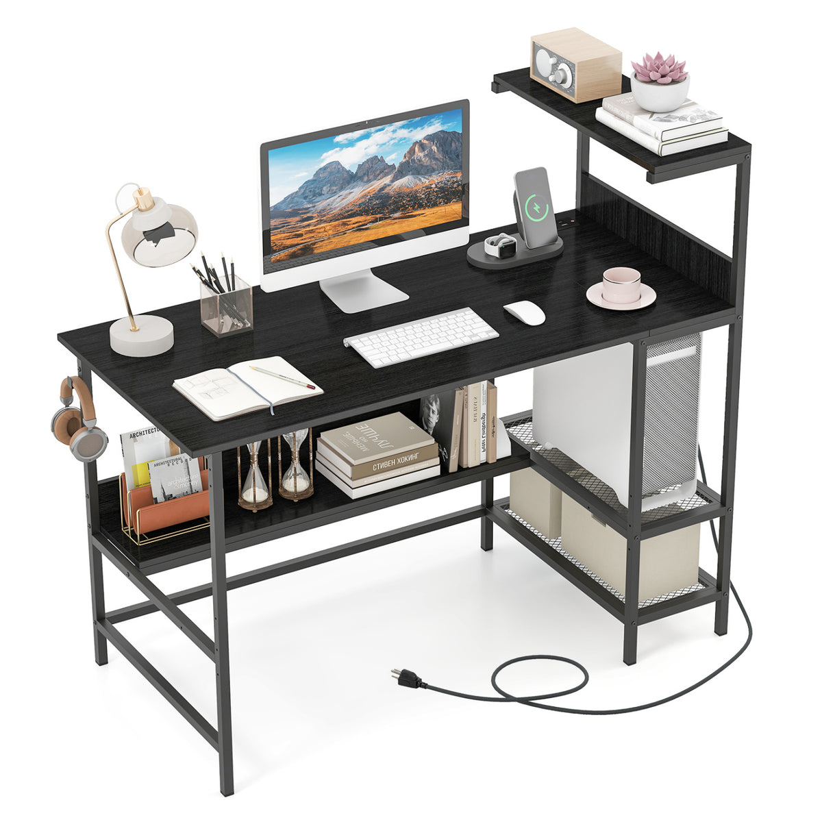 Computer Desk with Power Outlets and Storage Shelves