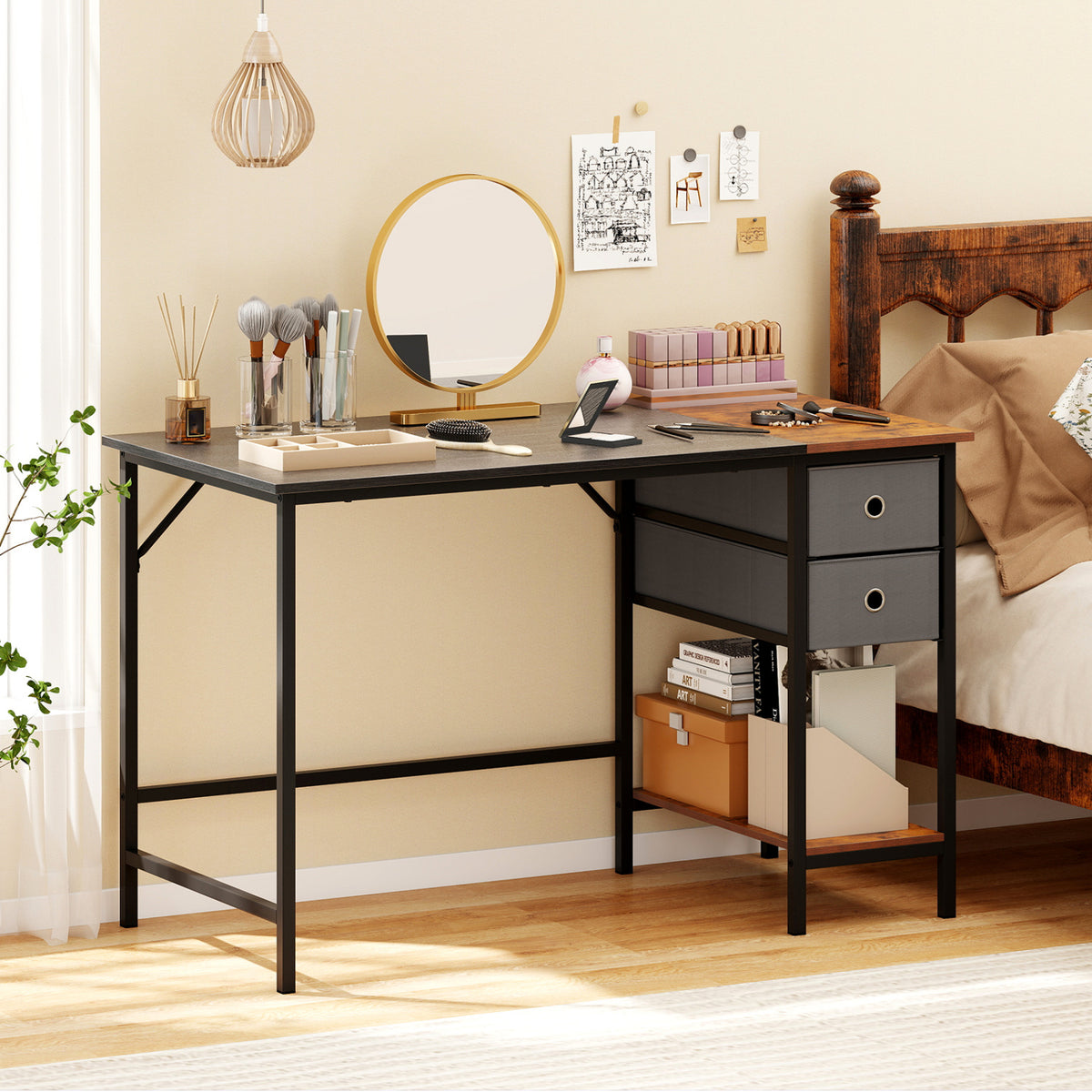 Computer Desk with 2 Fabric Drawers Industrial Home Office Desk