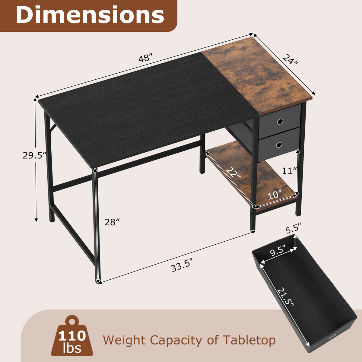 Computer Desk with 2 Fabric Drawers Industrial Home Office Desk