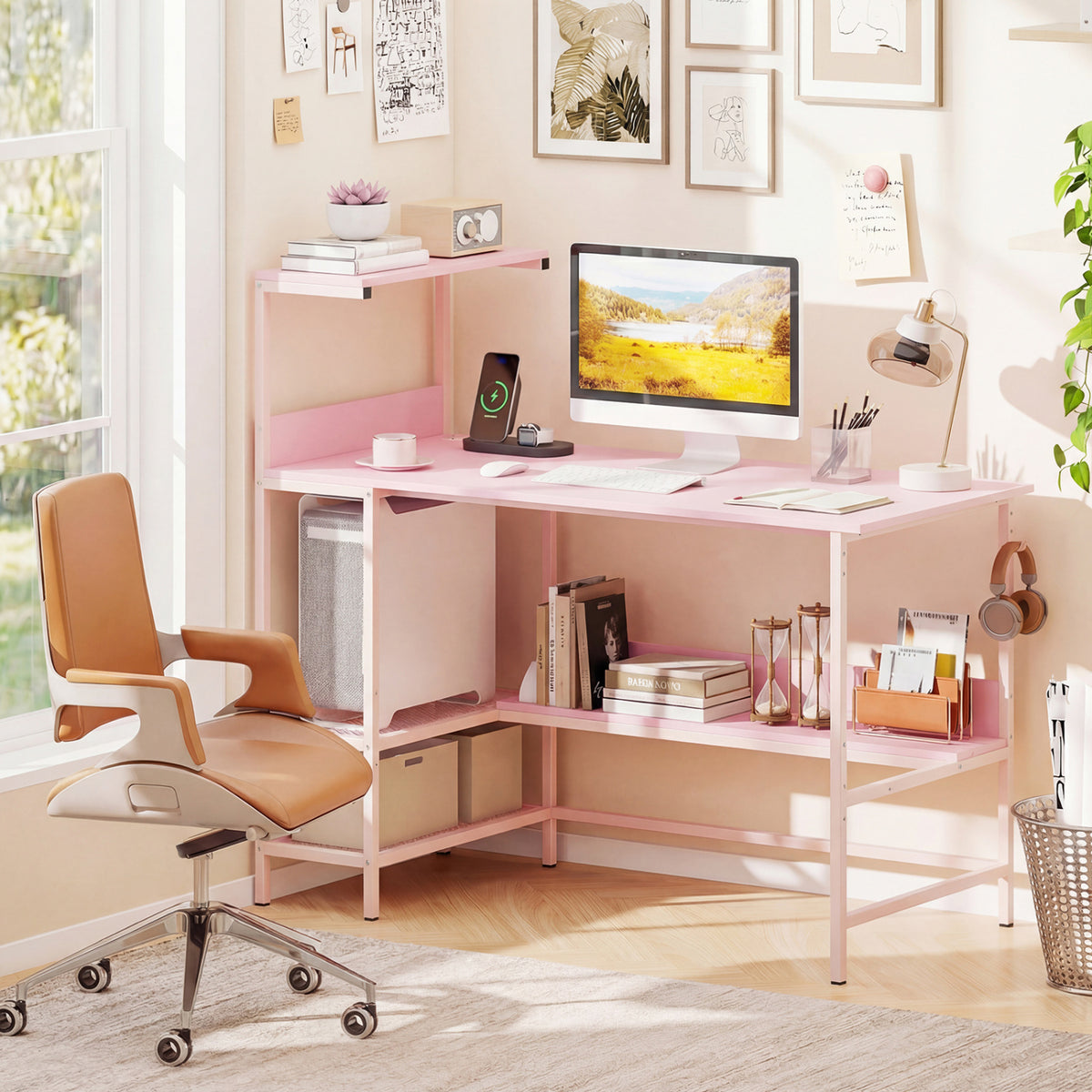 Computer Desk with Power Outlets and Storage Shelves