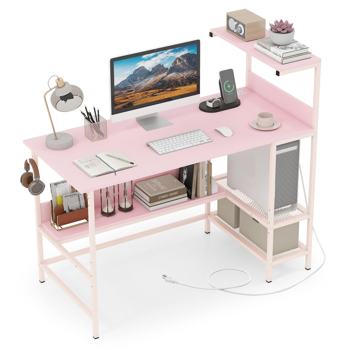 Computer Desk with Power Outlets and Storage Shelves