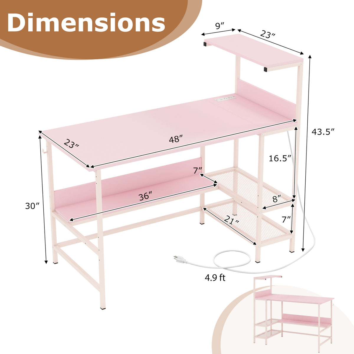 Computer Desk with Power Outlets and Storage Shelves