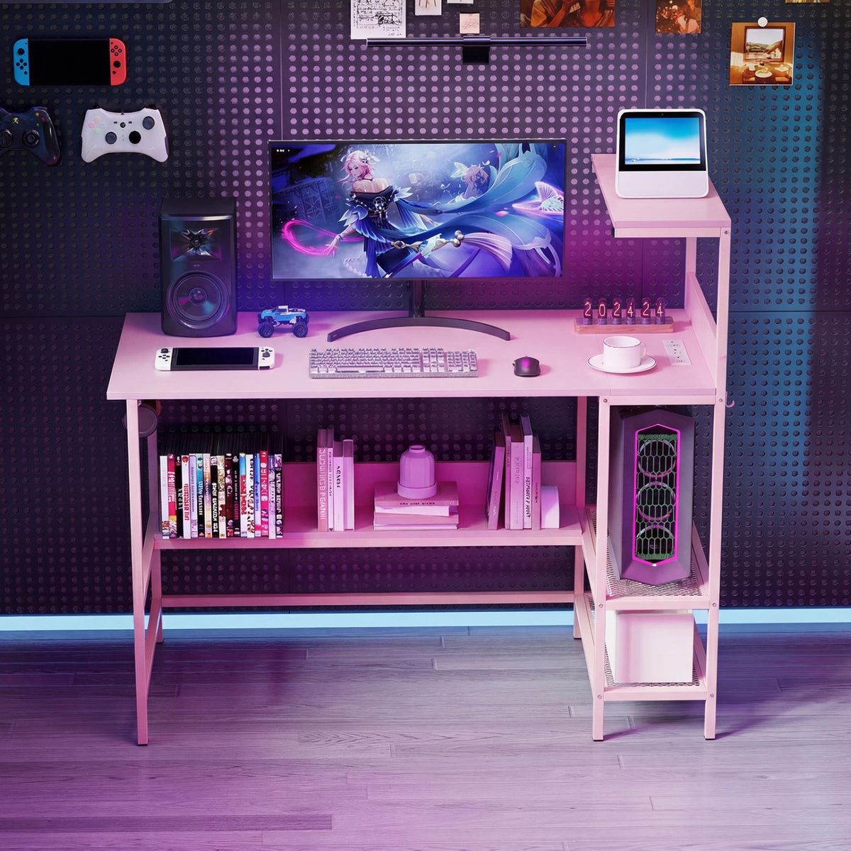 Computer Desk with Power Outlets and Storage Shelves