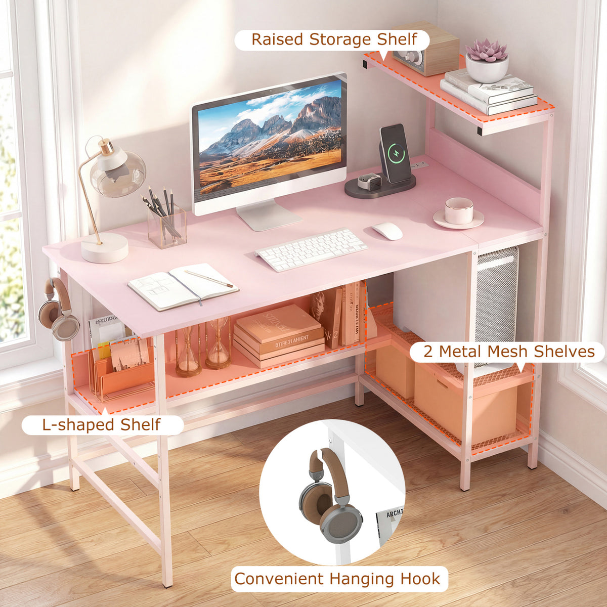 Computer Desk with Power Outlets and Storage Shelves