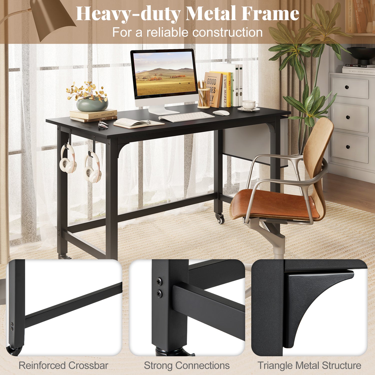 48 Inch Rolling Computer Desk with Heavy-duty Metal Frame for Home and Office