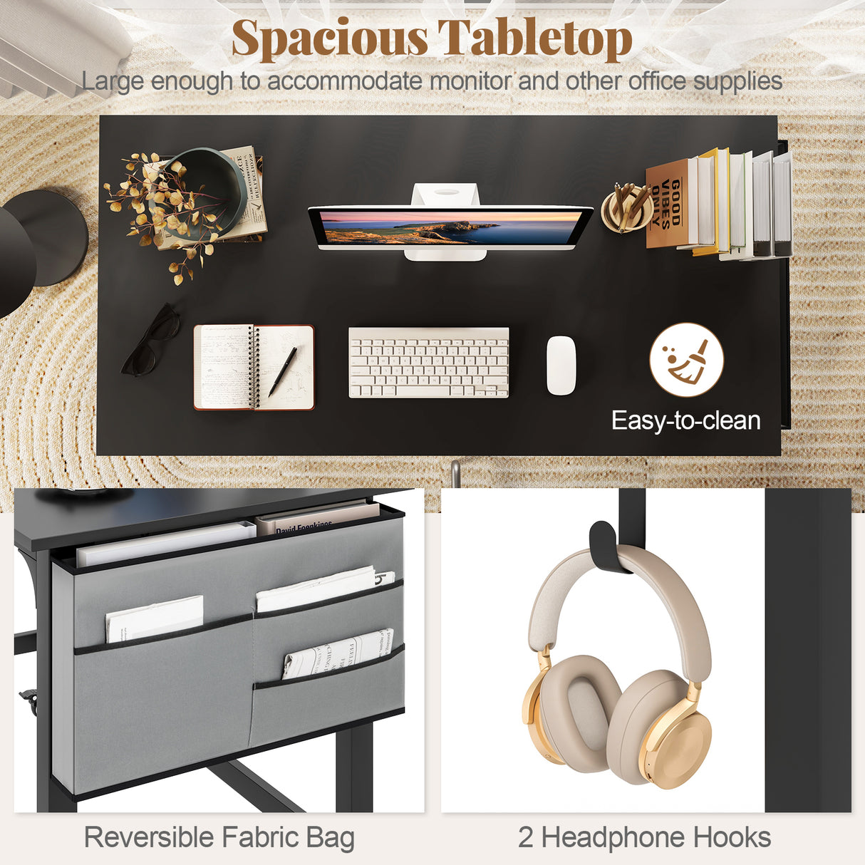 48 Inch Rolling Computer Desk with Heavy-duty Metal Frame for Home and Office