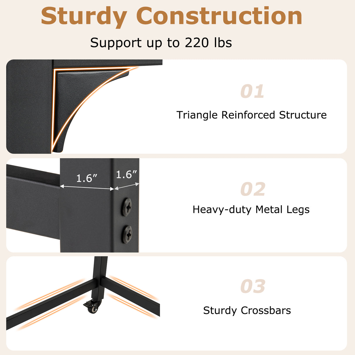 48 Inch Rolling Computer Desk with Heavy-duty Metal Frame for Home and Office