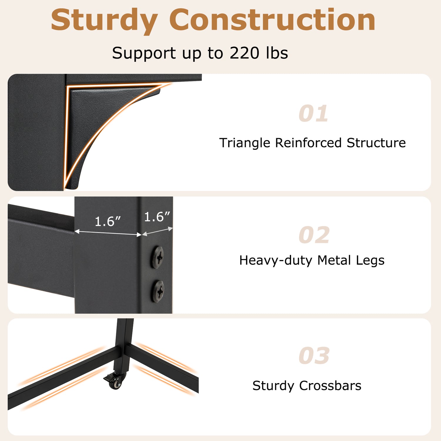 48 Inch Rolling Computer Desk with Heavy-duty Metal Frame for Home and Office