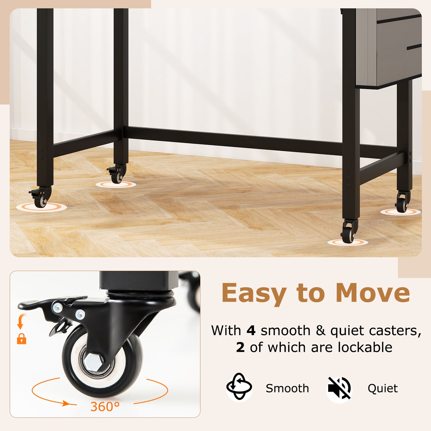 48 Inch Rolling Computer Desk with Heavy-duty Metal Frame for Home and Office