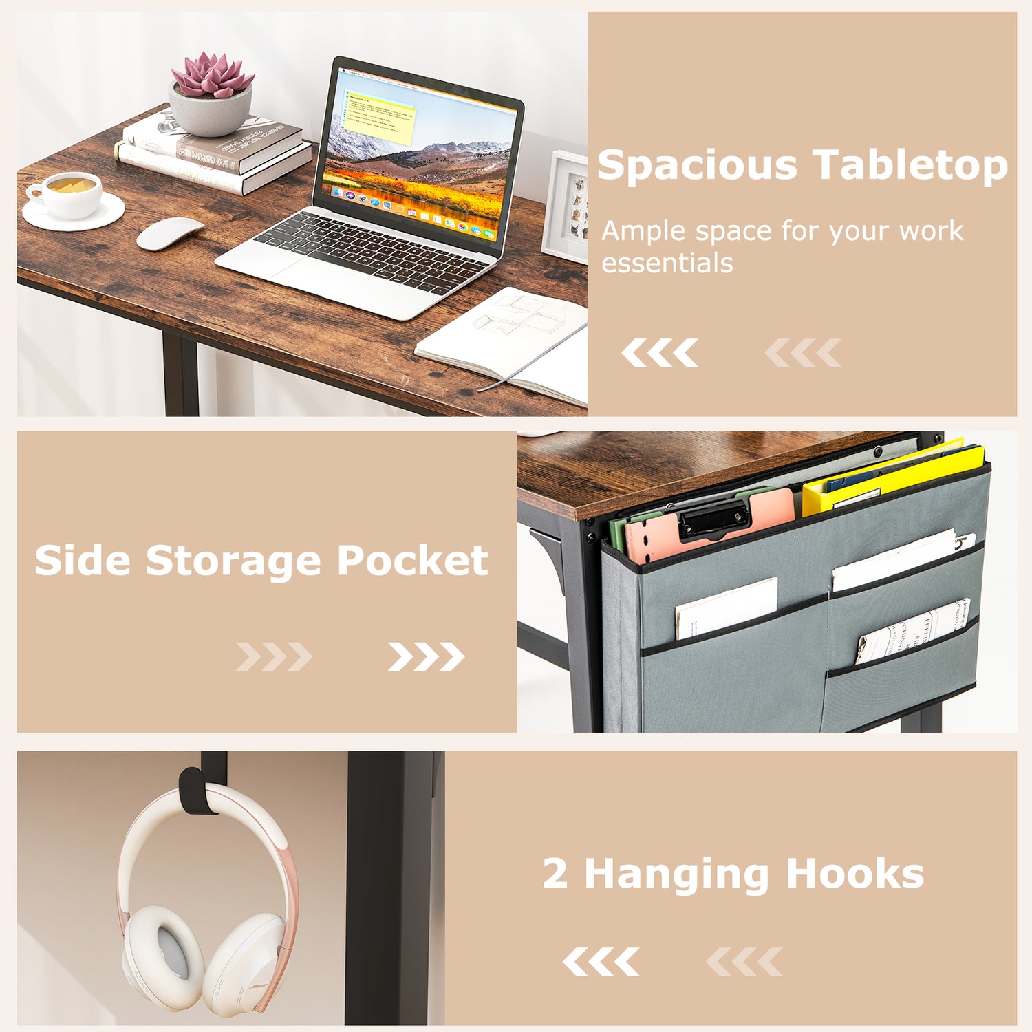 48 Inch Rolling Computer Desk with Heavy-duty Metal Frame for Home and Office