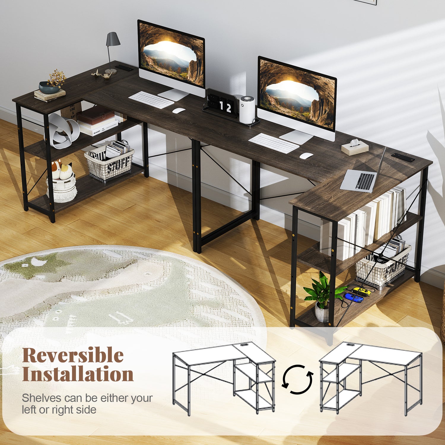 48 Inch Reversible L Shaped Computer Desk with Adjustable Shelf-Gray