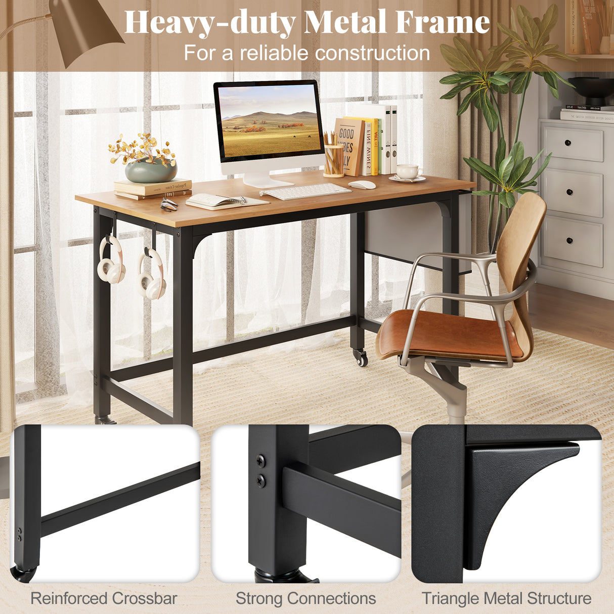 48 Inch Rolling Computer Desk with Heavy-duty Metal Frame for Home and Office