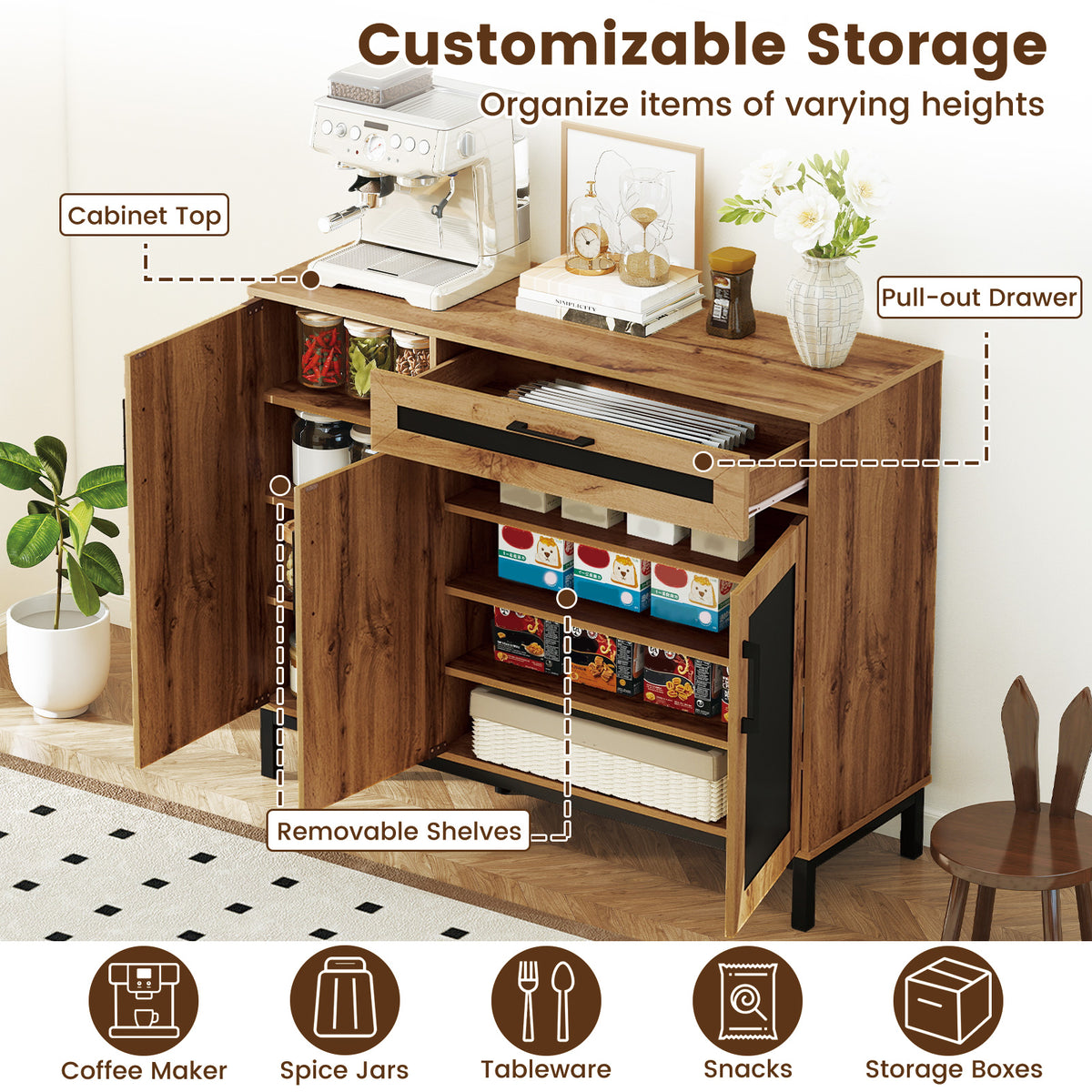48 Inch Sideboard Buffet Cabinet with Drawer and Metal Legs-Natural