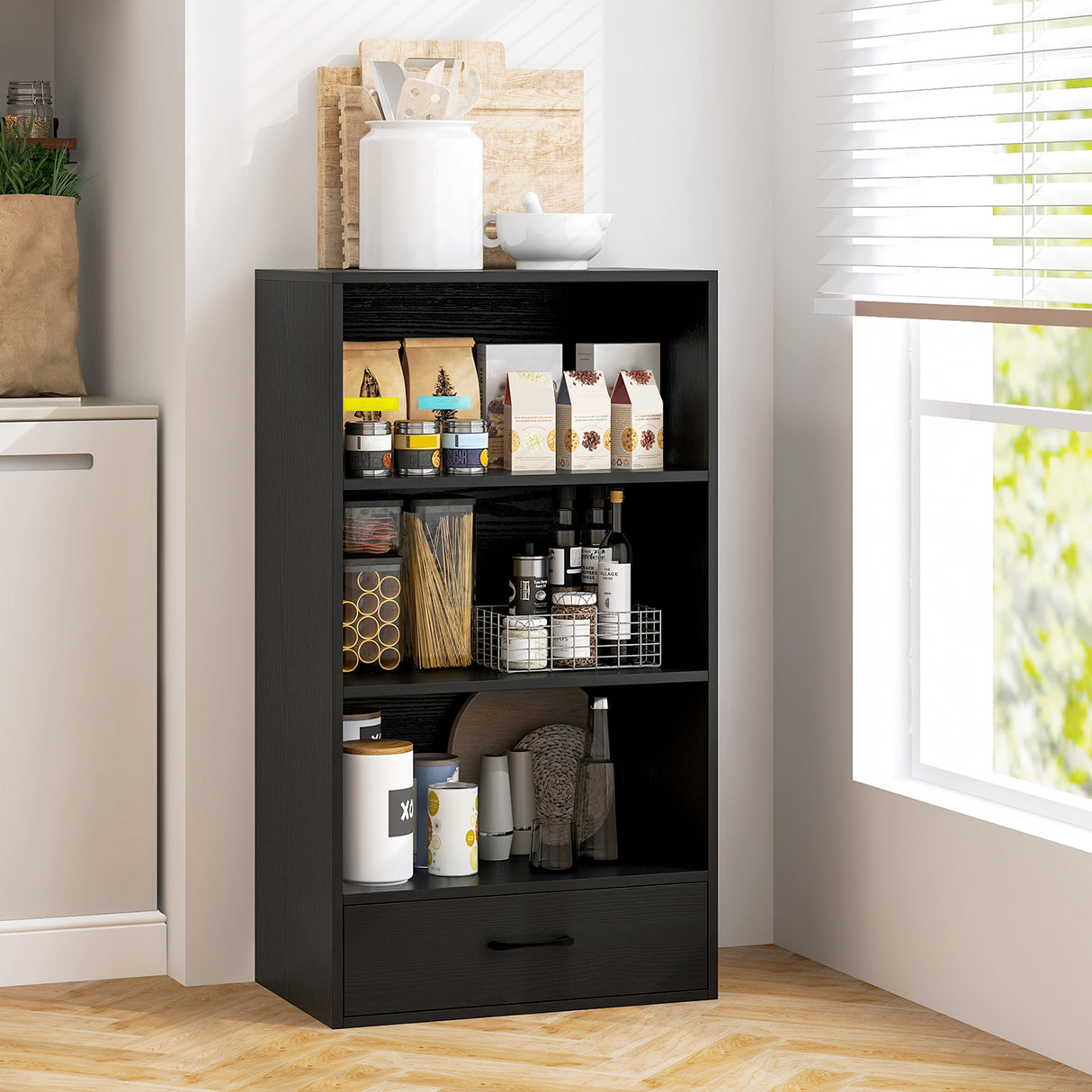 48 Inch Tall 4 Tiers Wood Bookcase with Drawer