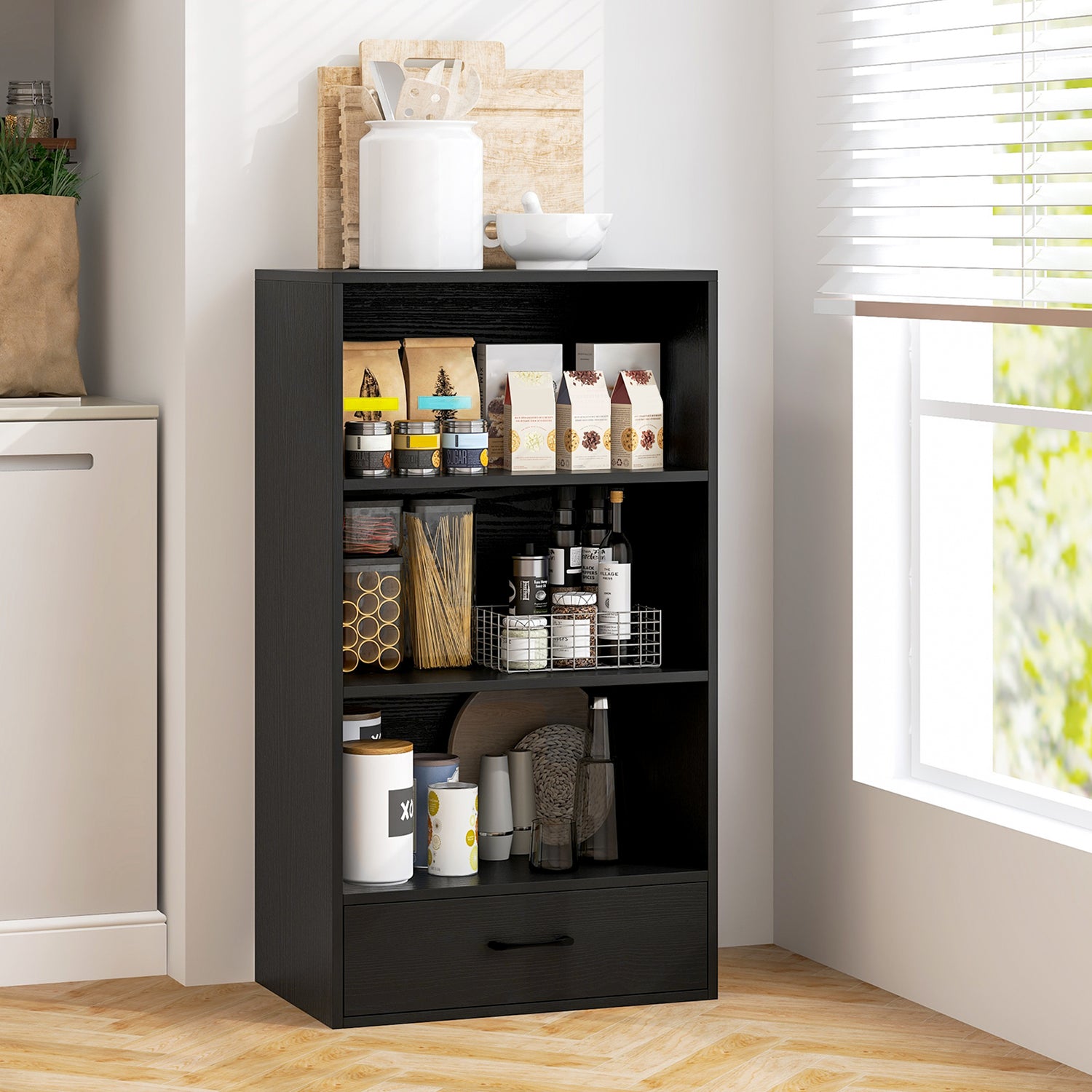 48 Inch Tall 4 Tiers Wood Bookcase with Drawer