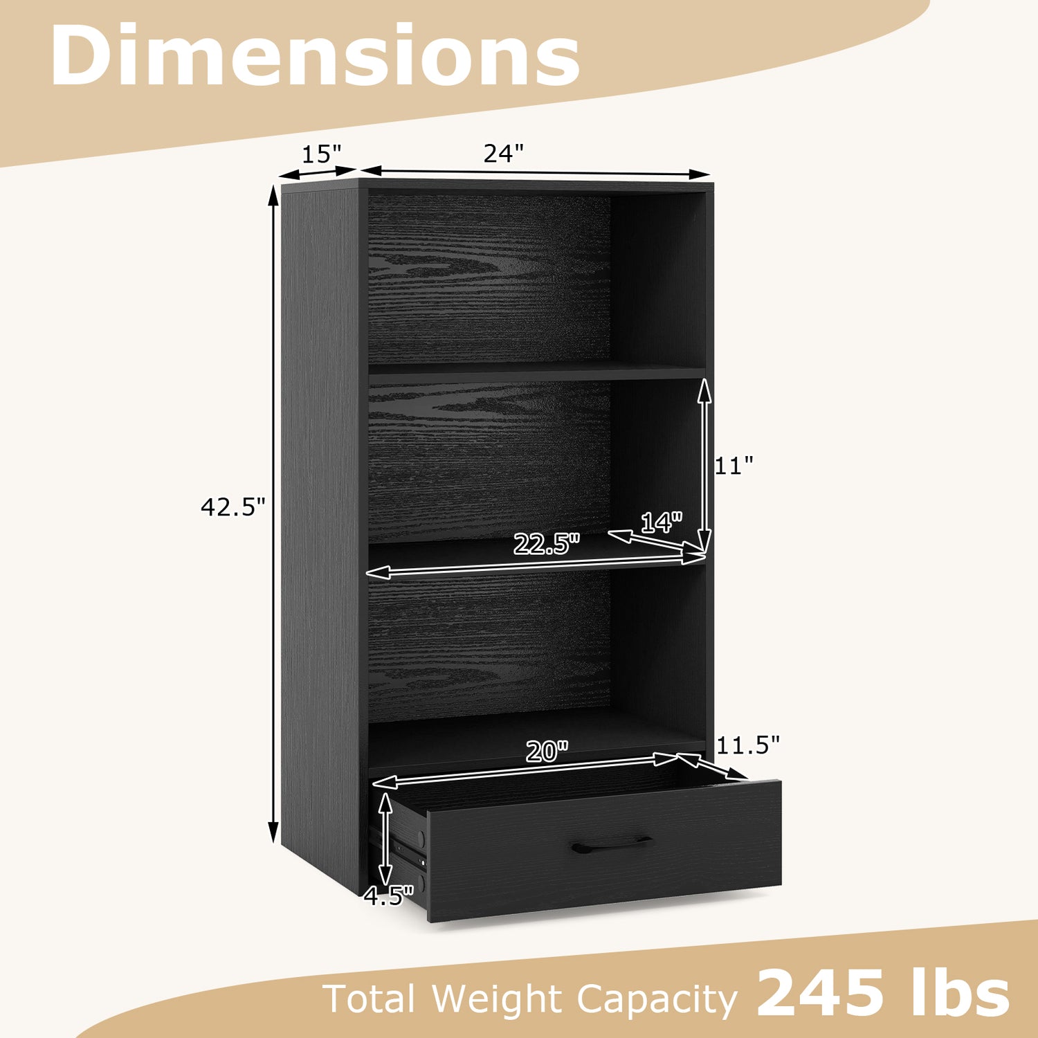 48 Inch Tall 4 Tiers Wood Bookcase with Drawer