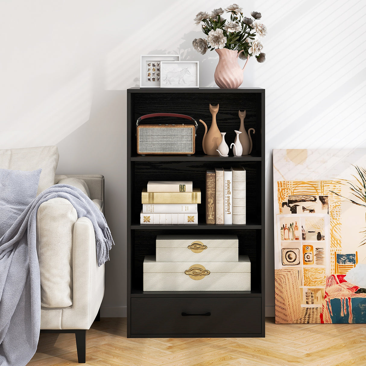 48 Inch Tall 4 Tiers Wood Bookcase with Drawer