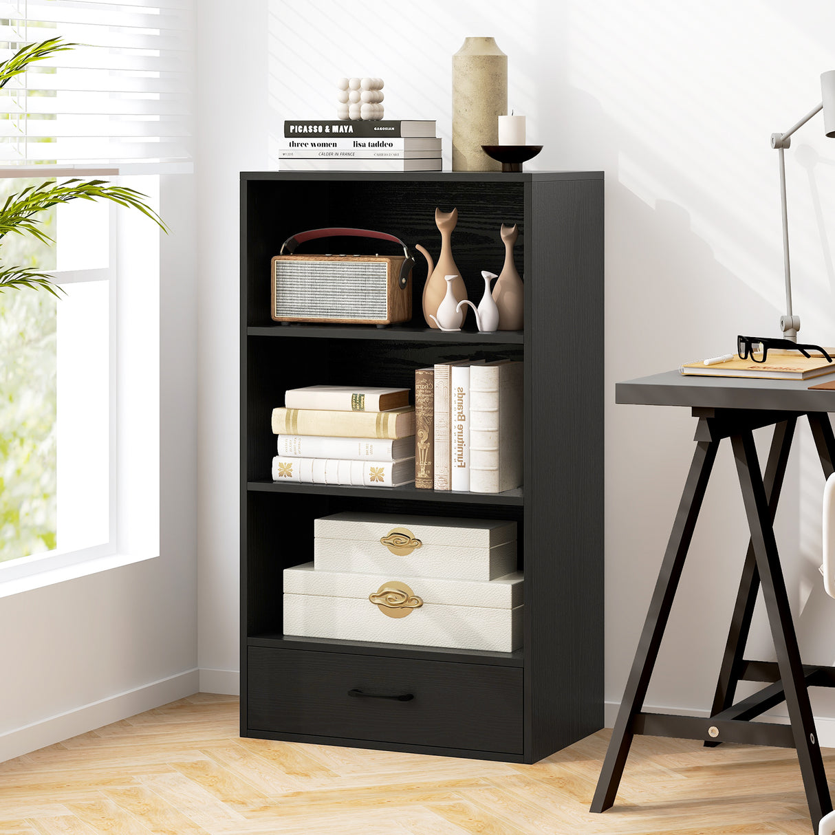 48 Inch Tall 4 Tiers Wood Bookcase with Drawer