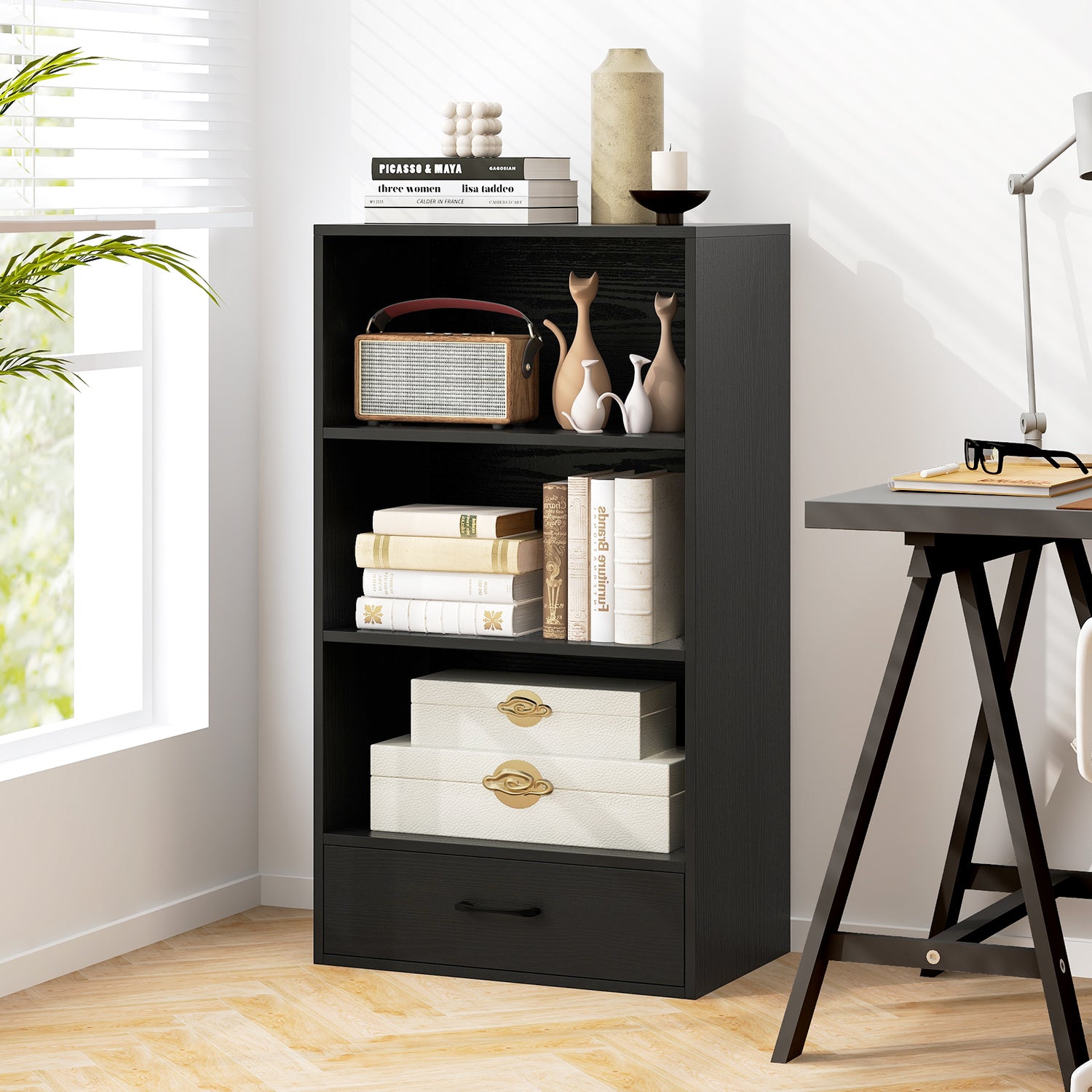 48 Inch Tall 4 Tiers Wood Bookcase with Drawer