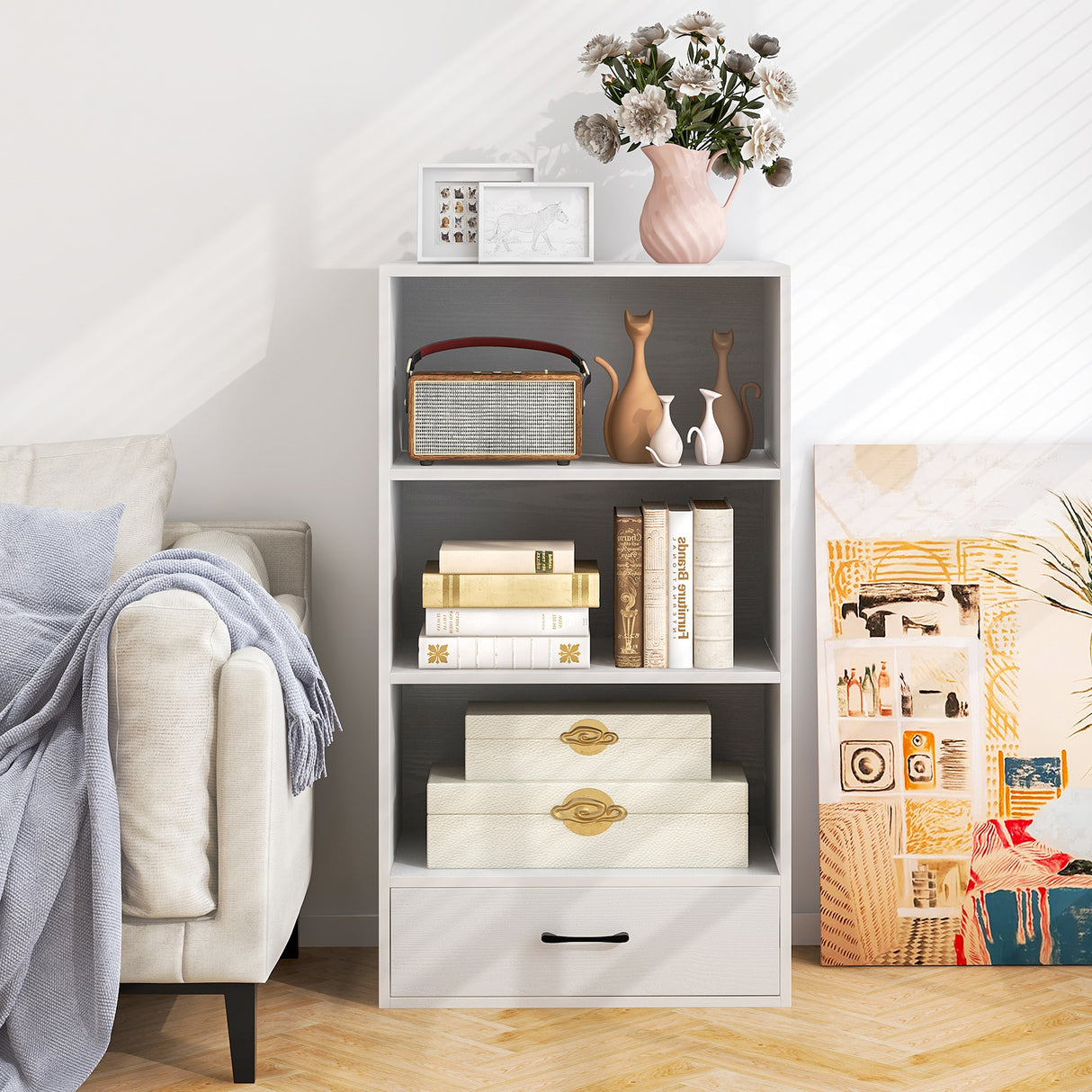 48 Inch Tall 4 Tiers Wood Bookcase with Drawer