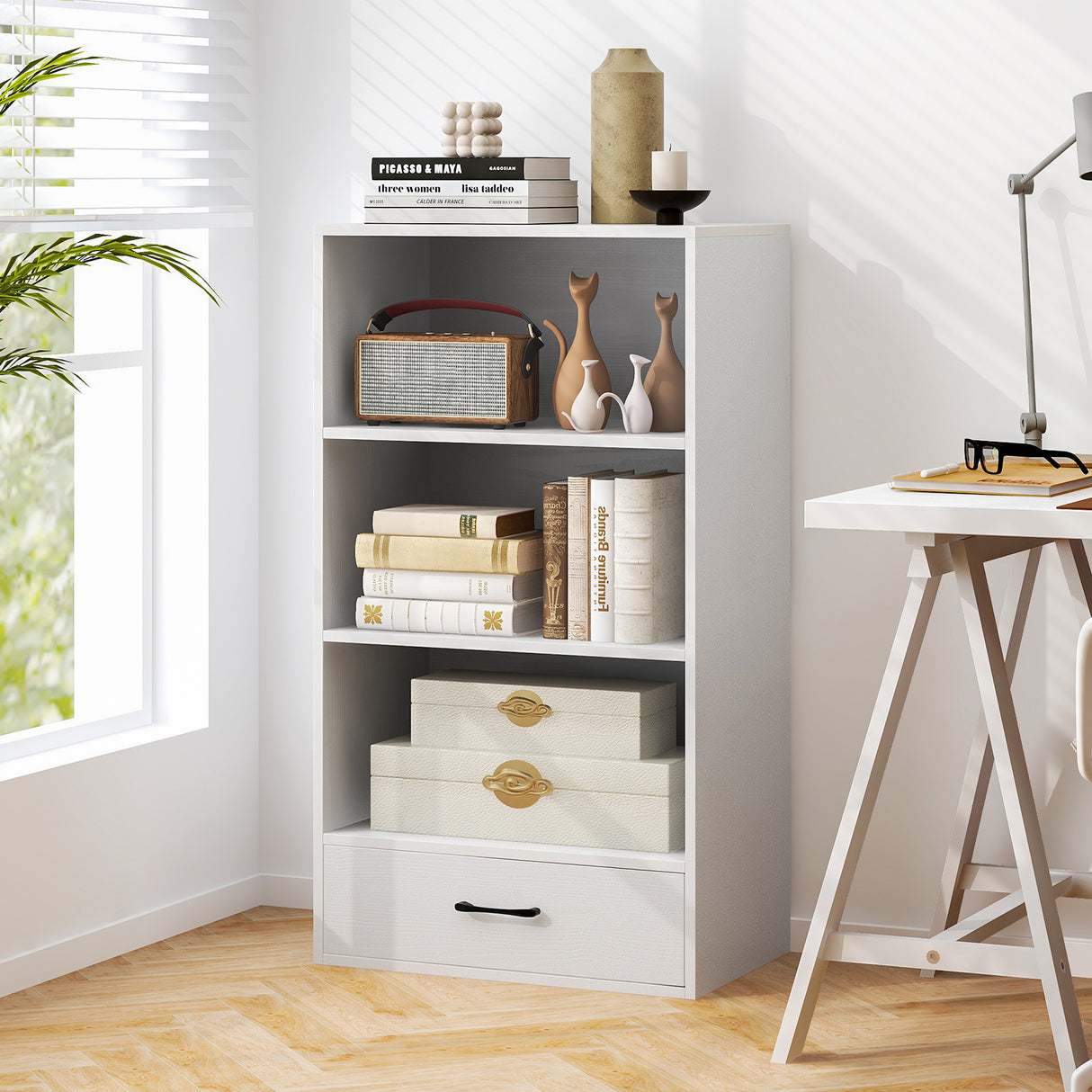 48 Inch Tall 4 Tiers Wood Bookcase with Drawer