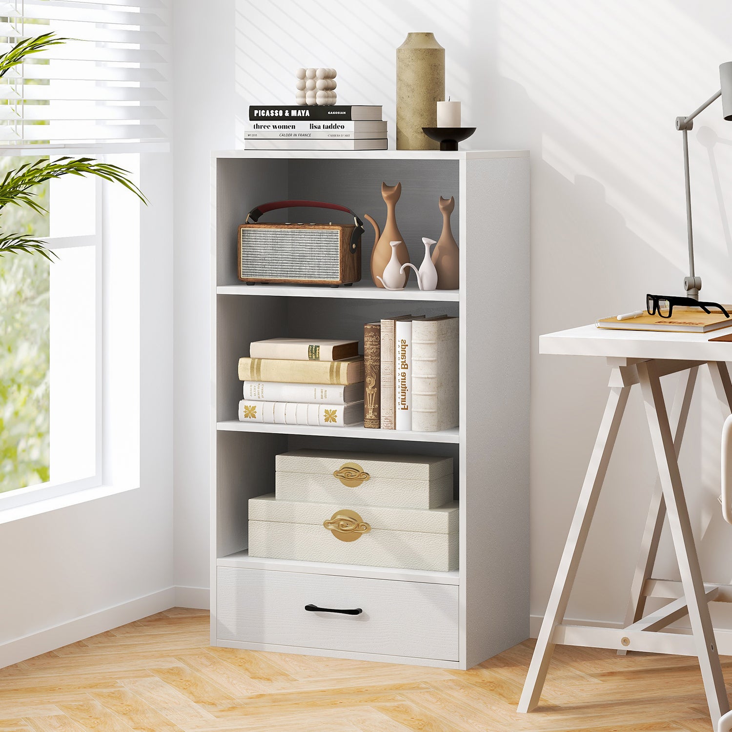 48 Inch Tall 4 Tiers Wood Bookcase with Drawer