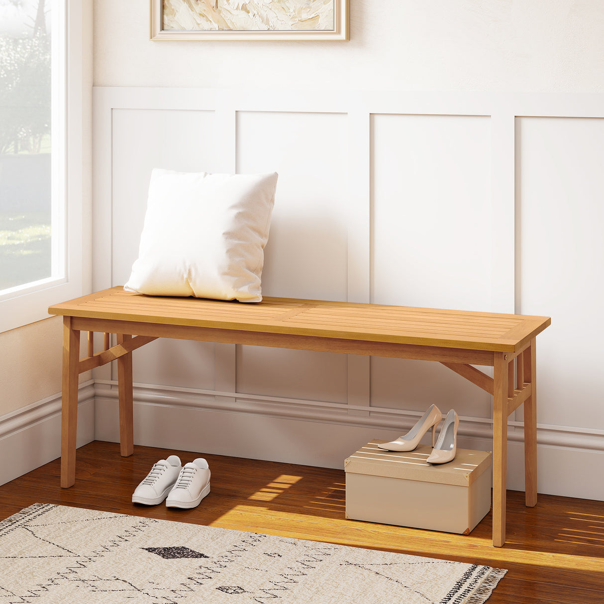 48 Inches Acacia Wood Bench with Breathable Slat Seat and Stable Triangular Structure