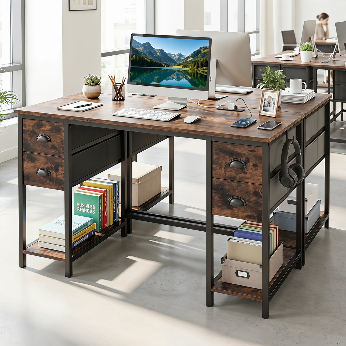Computer Desk with Power Outlet Home Office Desk with 4 Fabric Drawers