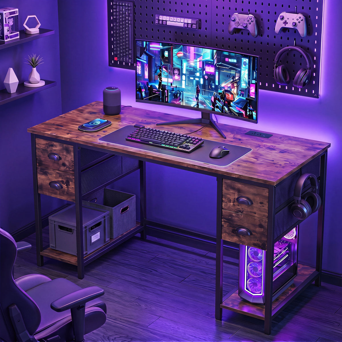Computer Desk with Power Outlet Home Office Desk with 4 Fabric Drawers